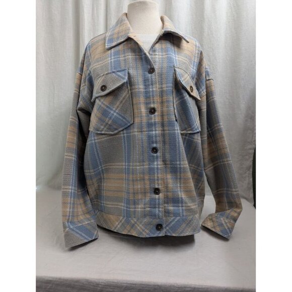 Boston Traders women's XL blue tan white plaid shacket earth tones button G7 - Picture 9 of 10